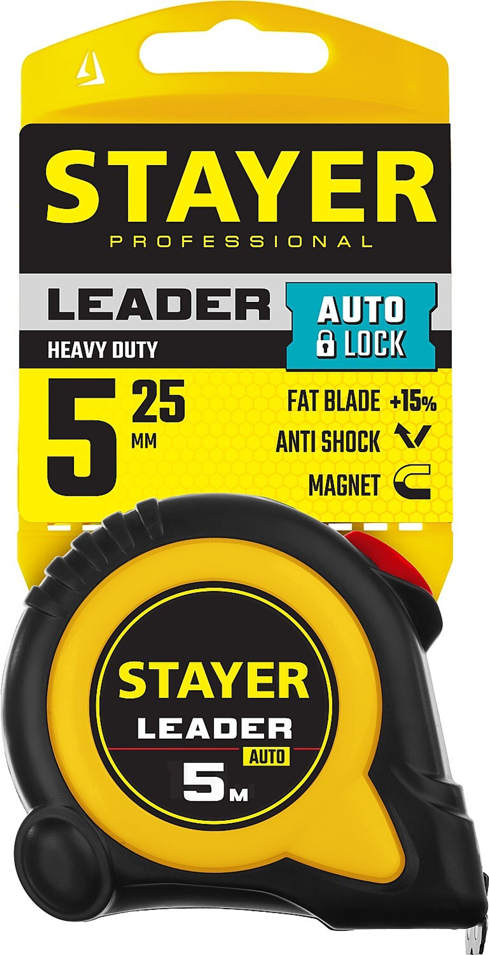 STAYER Leader, 5 м х 19 мм, рулетка с автостопом, Professional (3402-05-19)