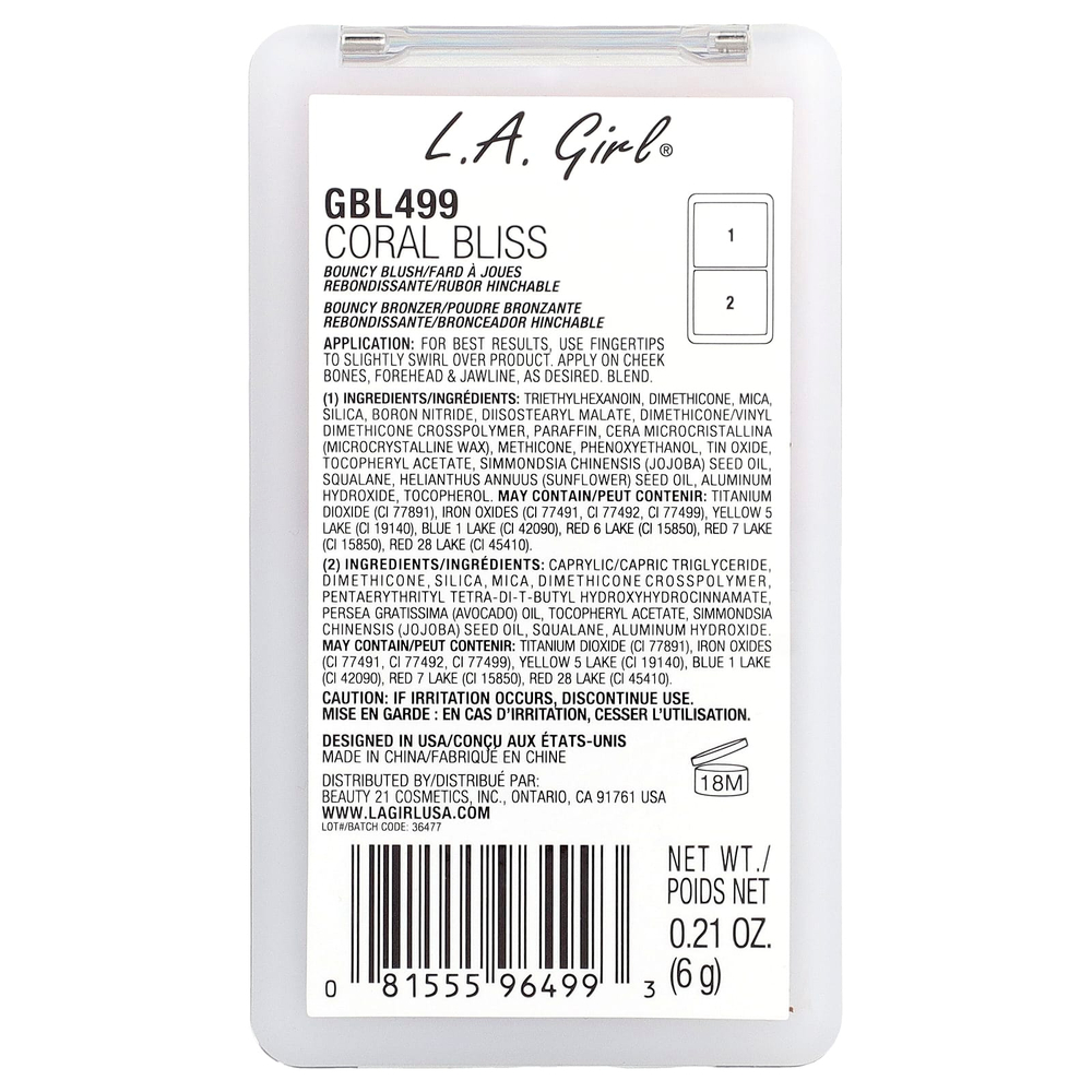 L.A. Girl, On Облако Nine, упругие румяна и бронзер, GBL499 Coral Bliss, 6 г (0,21 унции)