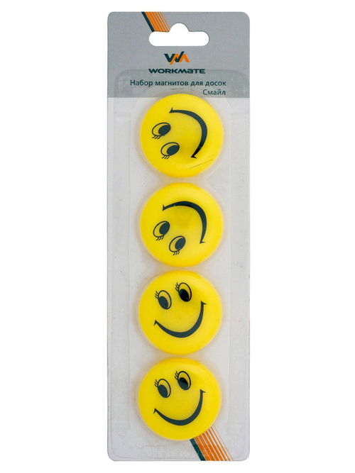 Набор магнитов для магнитных досок Workmate Смайл, 35 мм, круглые, 4 штуки в блистере
