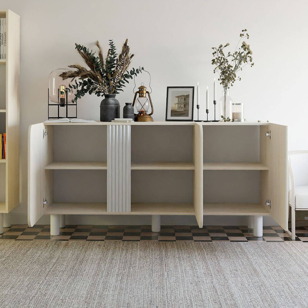 Дизайнерская тумба Ола 3 двери, шкаф-буфет на ножках, 150х40х75 см, ЛДСП/сосна