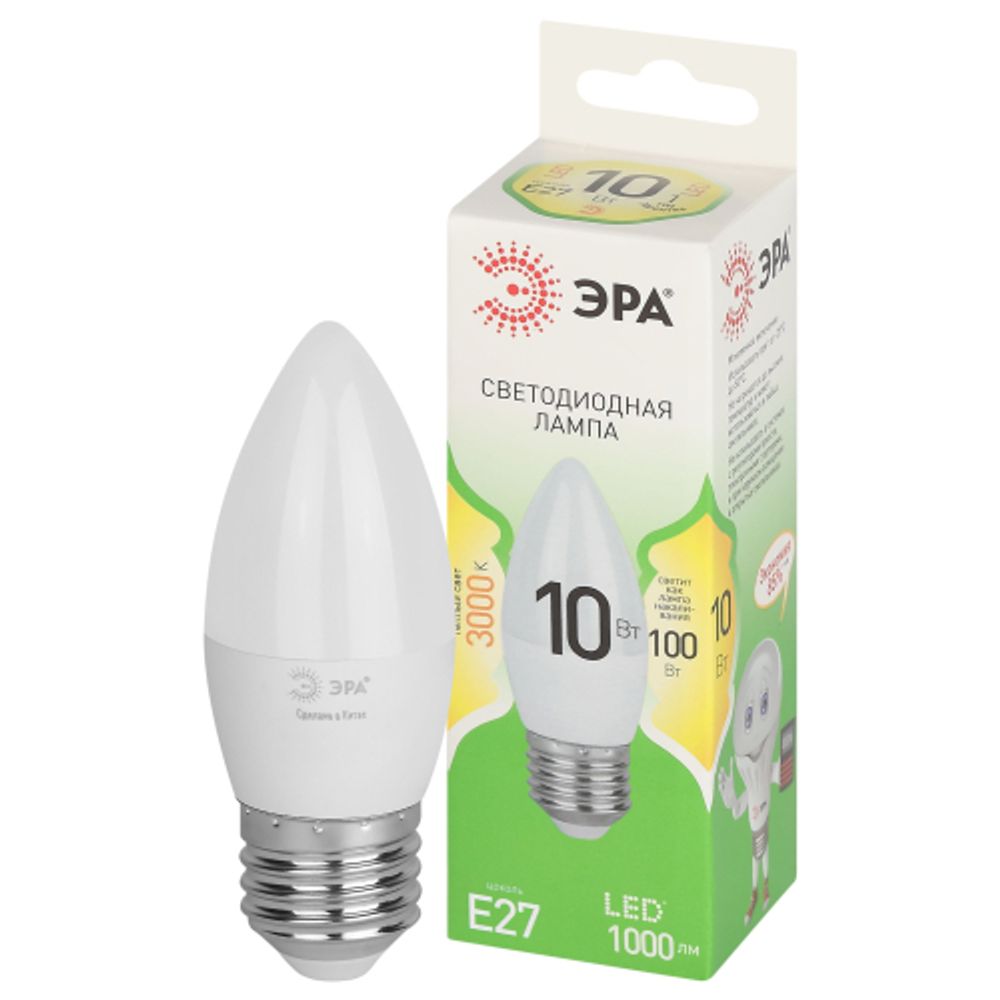 Лампочка светодиодная ЭРА GREEN LINE LED B35-10W-830-E27 GL E27 10 Вт свеча теплый свет | Лампы cветодиодные Свеча (B/C)
