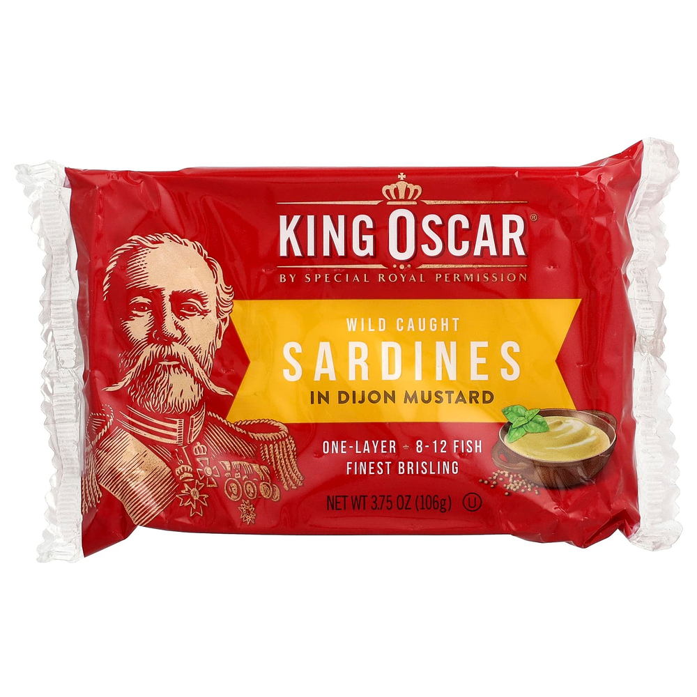 King Oscar, Сардины дикого улова с дижонской горчицой, в один слой, 106 г (3,75 унции)