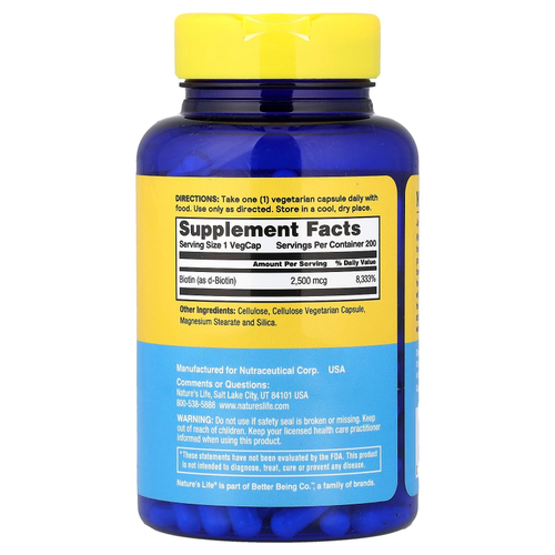 Nature's Life, биотин для энергии, 2500 мкг, 200 растительных капсул