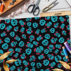 Ткань оксфорд 600 зелёные черепа в розовых наушниках и респираторах