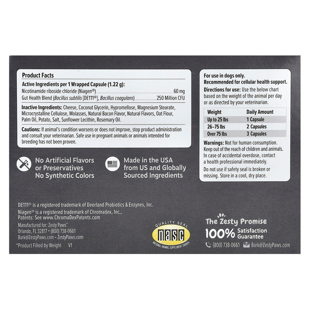 Zesty Paws, Healthy Aging, NAD + прекурсор, для собак, 60 капсул и упаковка для таблеток, 252 г (8,8 унции)