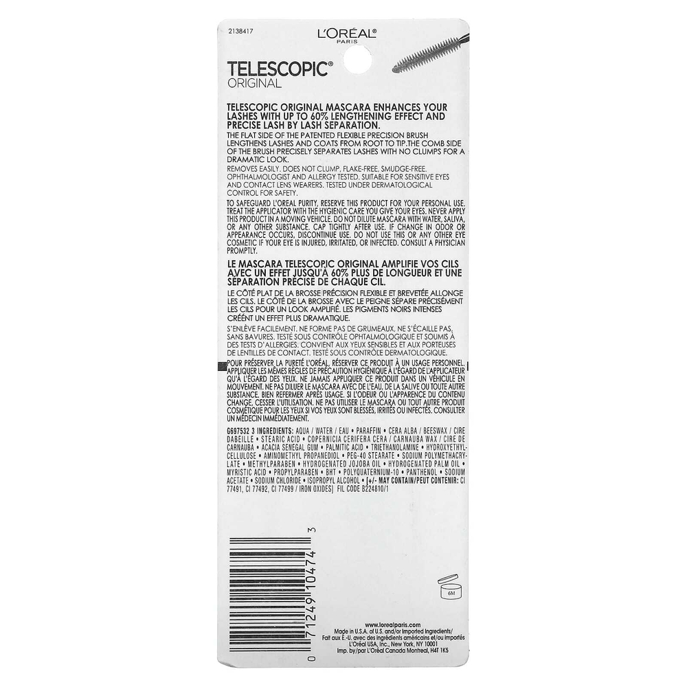 L'Oréal, оригинальная тушь для ресниц Телескоп®, оттенок 910 черный, 8 мл (0,27 жидк. унции)