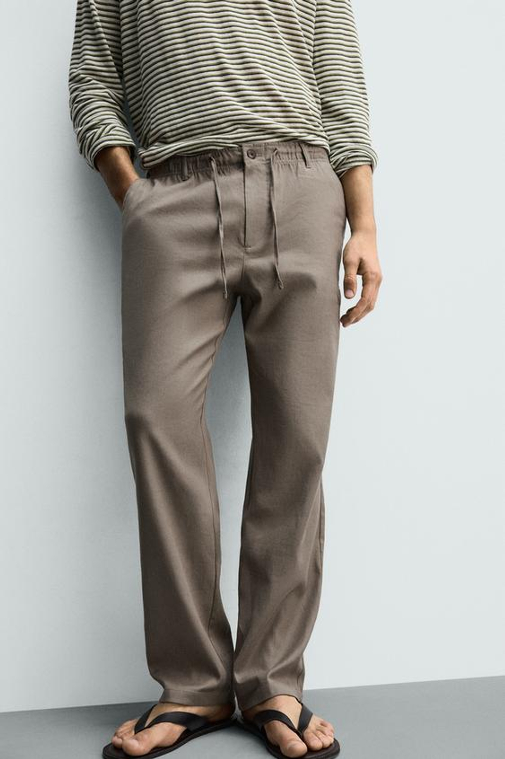 ZARA БРЮКИ RELAXED FIT ИЗ ХЛОПКА И ЛЬНА, СЕРО-КОРИЧНЕВЫЙ