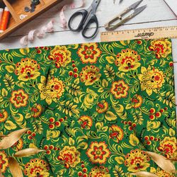 Ткань оксфорд 210 хохлома на зелёном