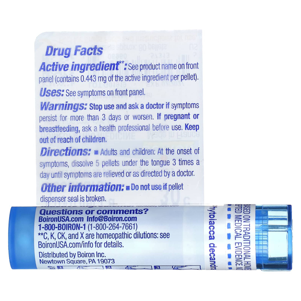 Boiron, Phytolacca Decandra, 30C, облегчение боли в горле, прибл. 80 гранул