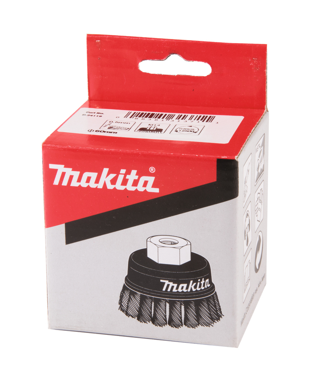 Щетка проволочная чашечная (d60 мм, толщ. проволоки 0.5 мм, пучки, металл, M14х2) Makita D-24119 M14х2 60 мм Чашечная 0,5 мм Металл Пучки витой проволоки