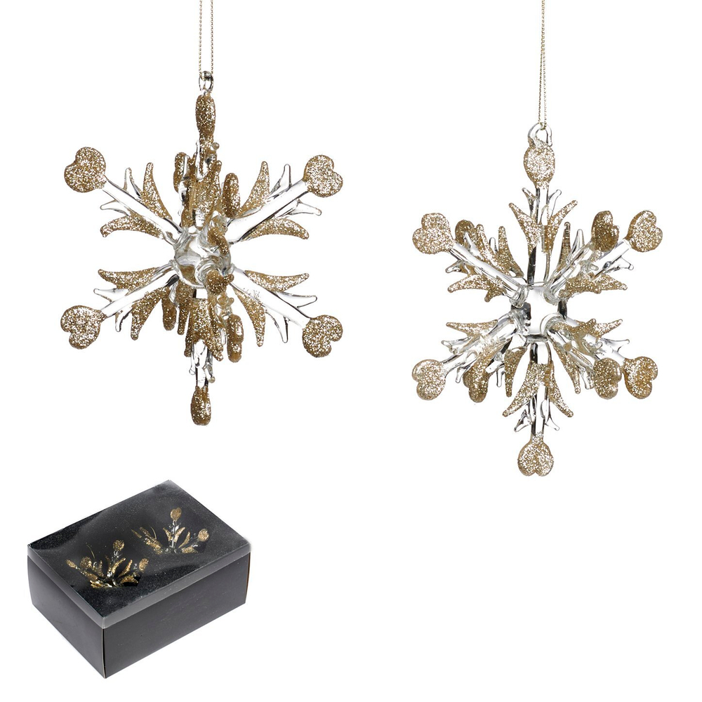 Набор стеклянных снежинок на елку 2шт 12см Goodwill золотая