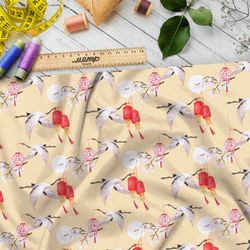 Ткань шелк Армани летящие аисты и красные фонари на ветвях