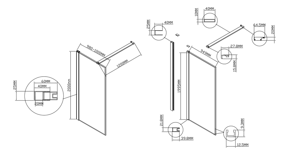 Душевая перегородка Walk-In VSW-1HS100CLB, 1000*2000, черный матовый, стекло прозрачное