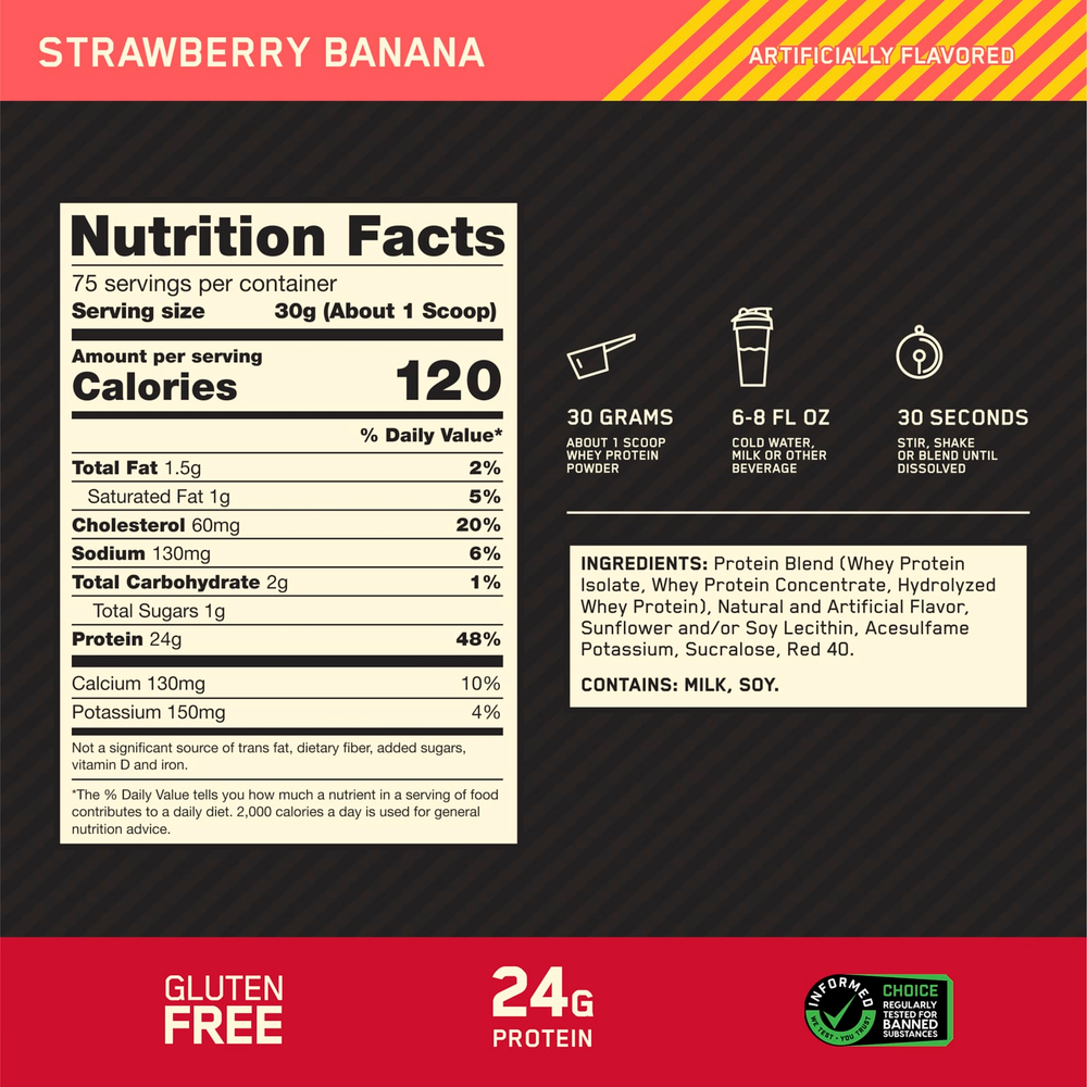 Optimum Nutrition, Gold Standard 100% Whey, сыворотка со вкусом клубники и банана, 2,27 кг (5 фунтов)