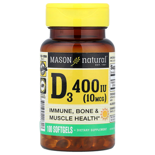 Mason Natural, Витамин D3, 10 мкг (400 МЕ), 100 мягких таблеток