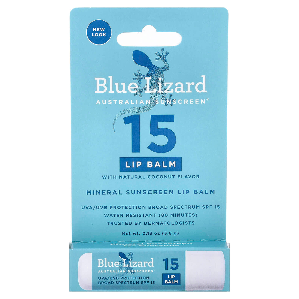 Blue Lizard Australian Sunscreen, солнцезащитный бальзам для губ, SPF 15, натуральный кокос, 3,8 г (0,13 унции)