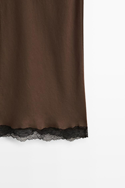 Massimo Dutti Юбка миди с кружевной отделкой, коричневый
