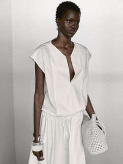 Massimo Dutti Блуза из хлопкового поплина с эластичной деталью, белый