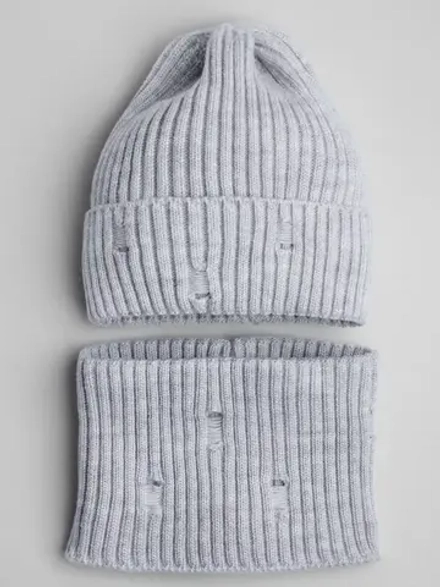 Шапка бини рваная и снуд осенняя