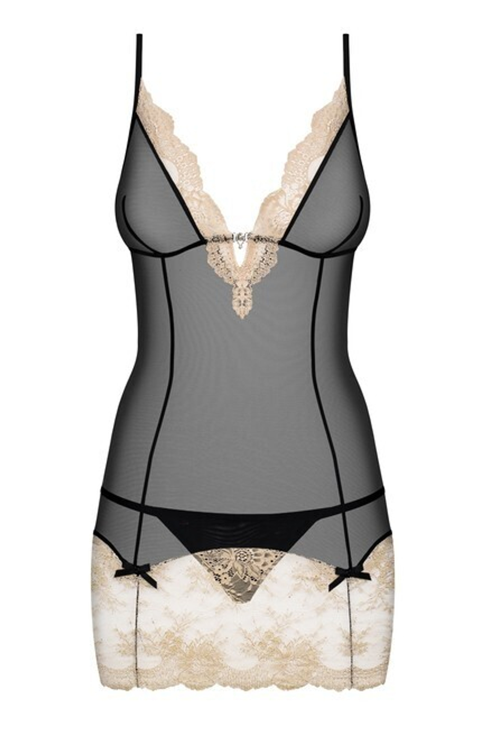 Черный пеньюар с бежевым кружевом Bisquella LXL (46-48) (Цвет: бежевый с черным)