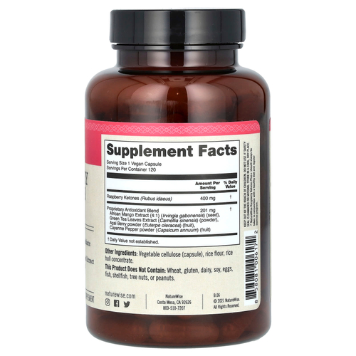 NatureWise, малиновый кетоны плюс+, 120 веганских капсул