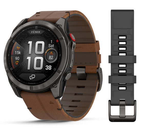 Умные часы Garmin Fenix 8 PRO, 51 мм, AMOLED, Сапфировое стекло, Углеродно-серый, титановый DLC с ремешком из каштановой кожи