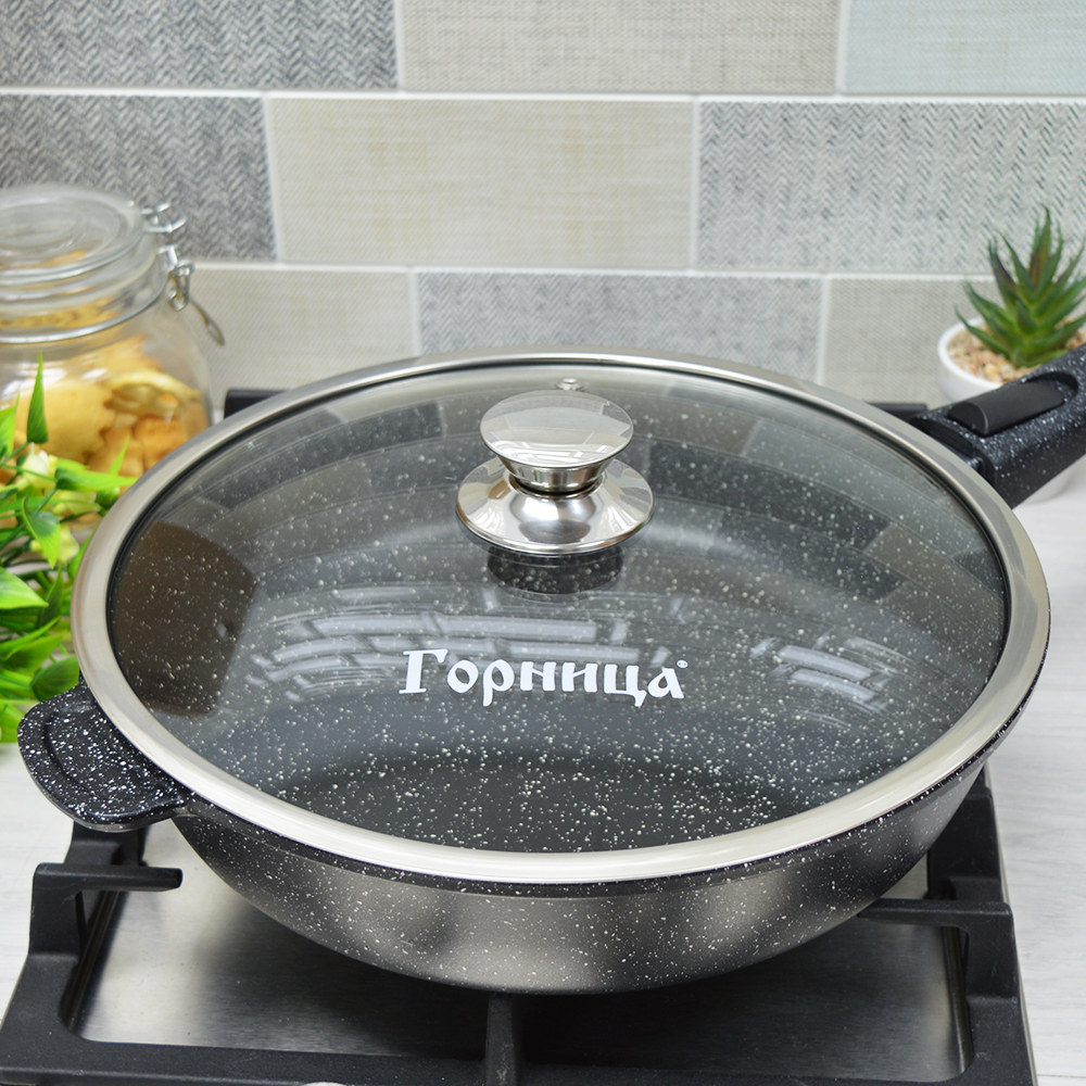 Сковорода 30см высота 7,5см Гранит со съемной ручкой и стеклянной крышкой, с3054аг