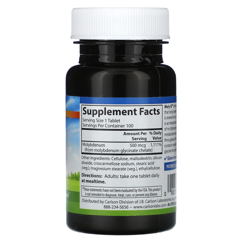 Carlson, Moly-B, молибден, 100 вегетарианских таблеток (500 мкг в 1 таблетке)