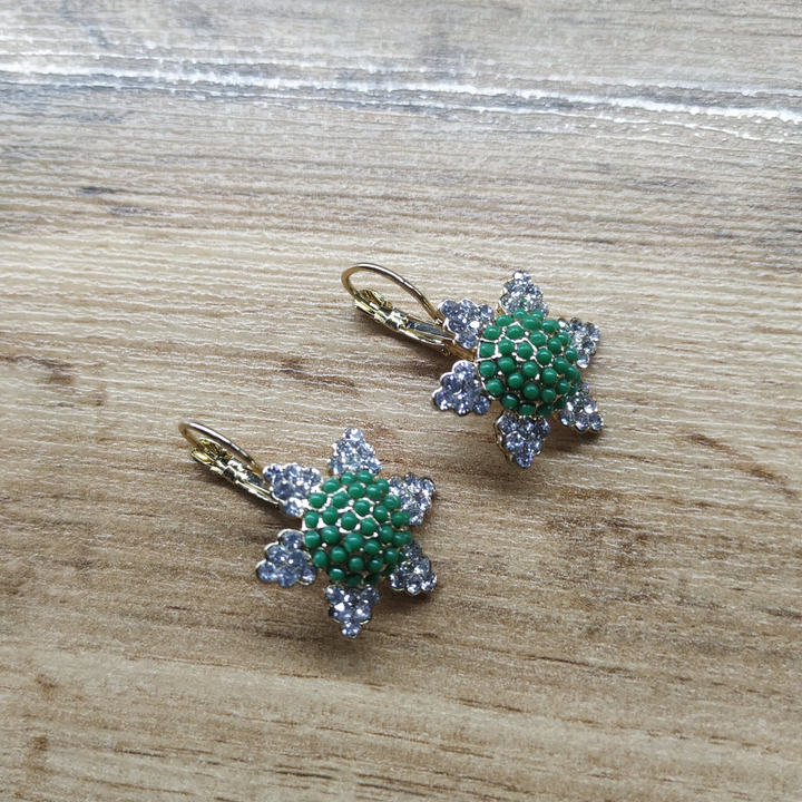 Серьги на франц.заст. Солнышко цвет зеленый стразы металл золотистый