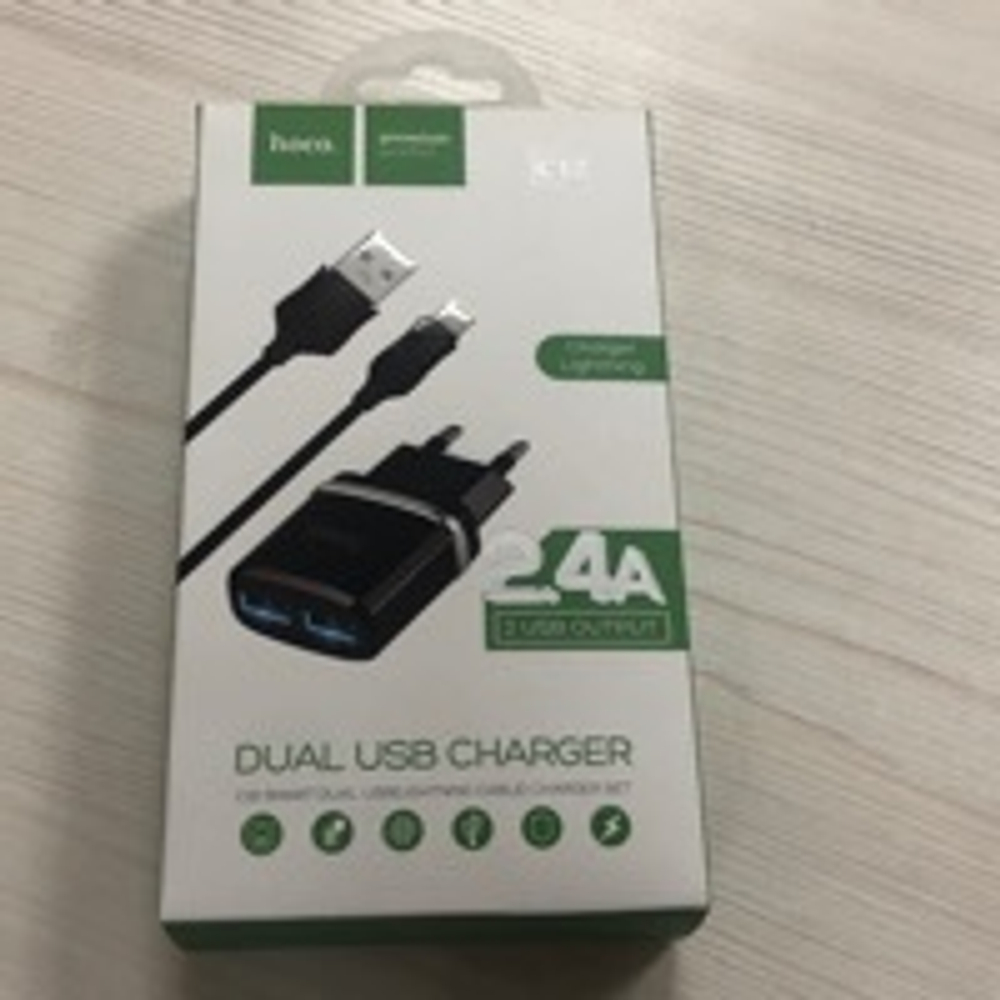 СЗУ USB Hoco C12 (12W, 2 порта, кабель Lightning) Черный