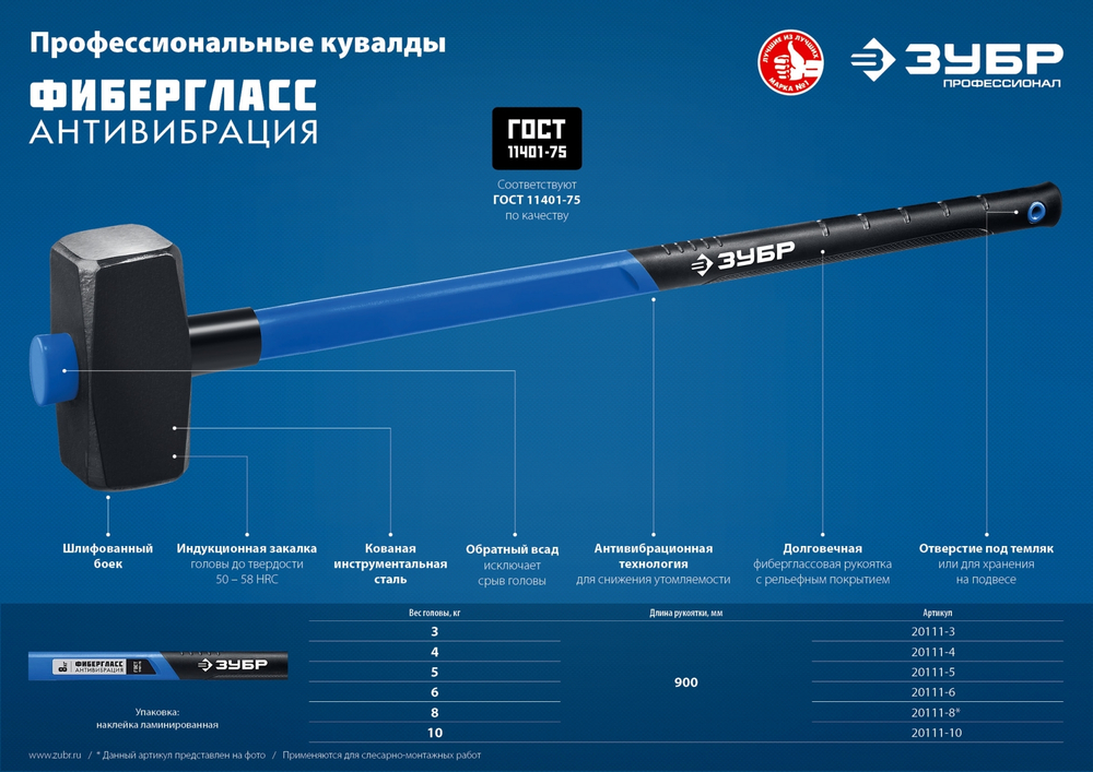 ЗУБР 10 кг, 900 мм, кувалда с фиберглассовой удлинённой рукояткой, Профессионал (20111-10)