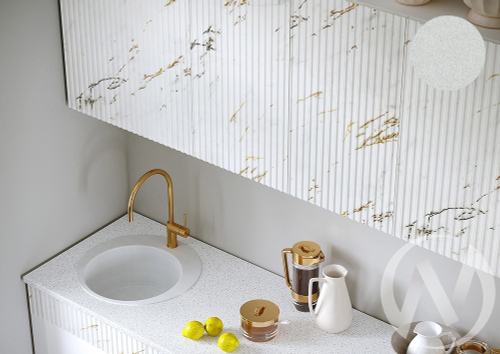 Кухня Оливия NEW 2;0м (белый/белый глянец холодный; мрамор золото/антарес)