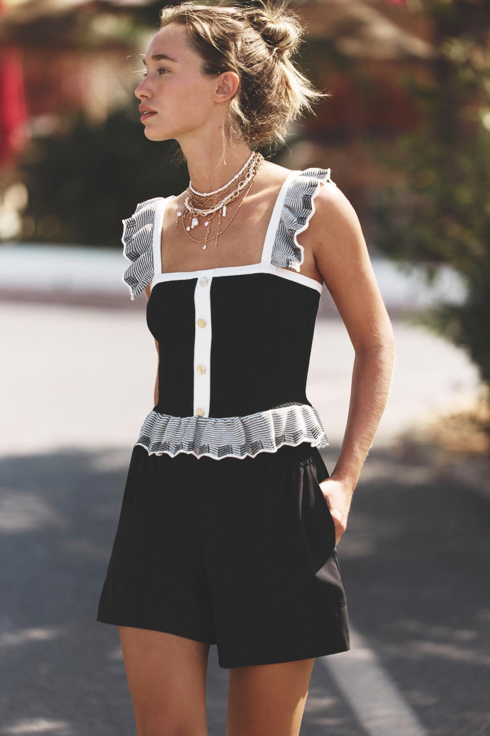 ZARA ТРИКОТАЖНЫЙ ТОП В РУБЧИК, ЧЕРНЫЙ/БЕЛЫЙ