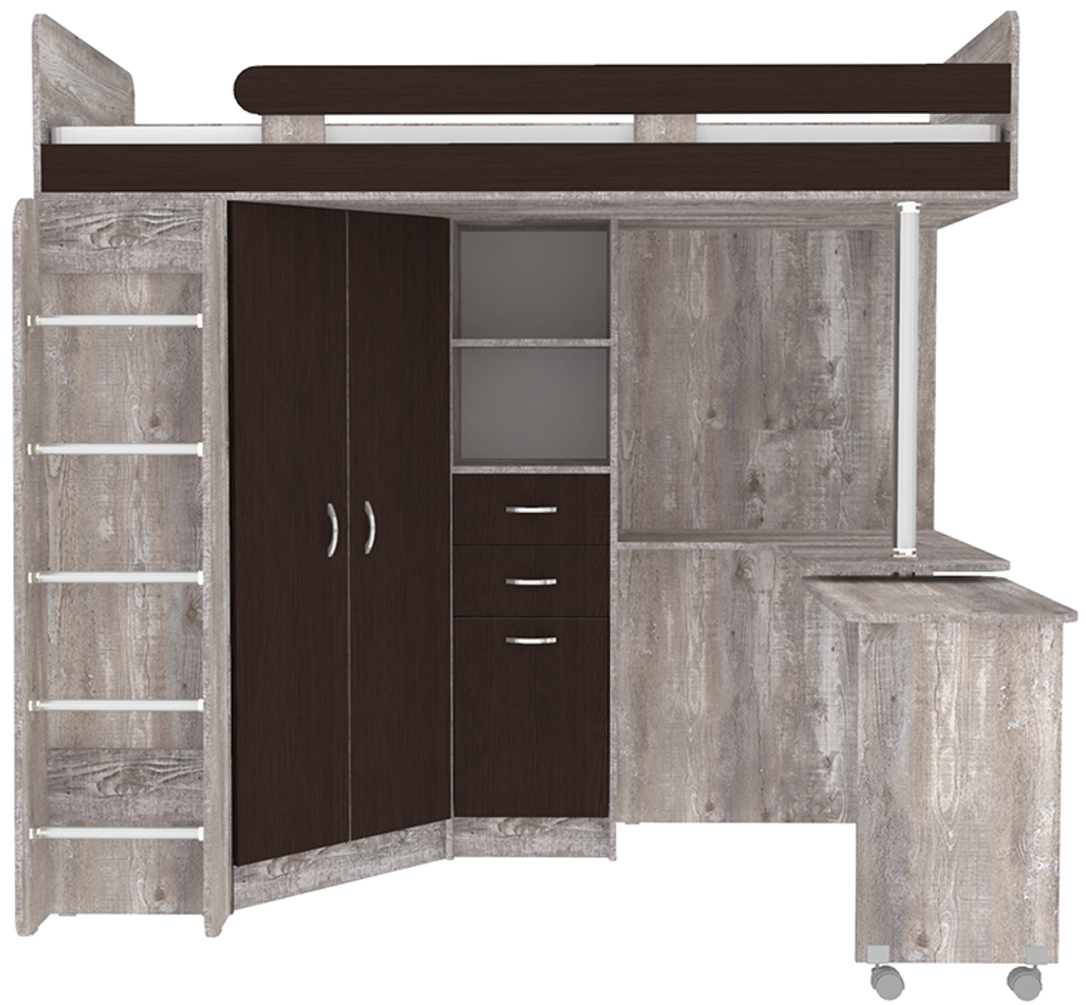 Кровать-чердак КарИВи Юниор 3 с металлической лестницей Бетон Венге