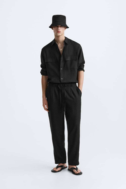 ZARA БРЮКИ-ДЖОГГЕРЫ ИЗ 100% ЛЬНА, ЧЕРНЫЙ