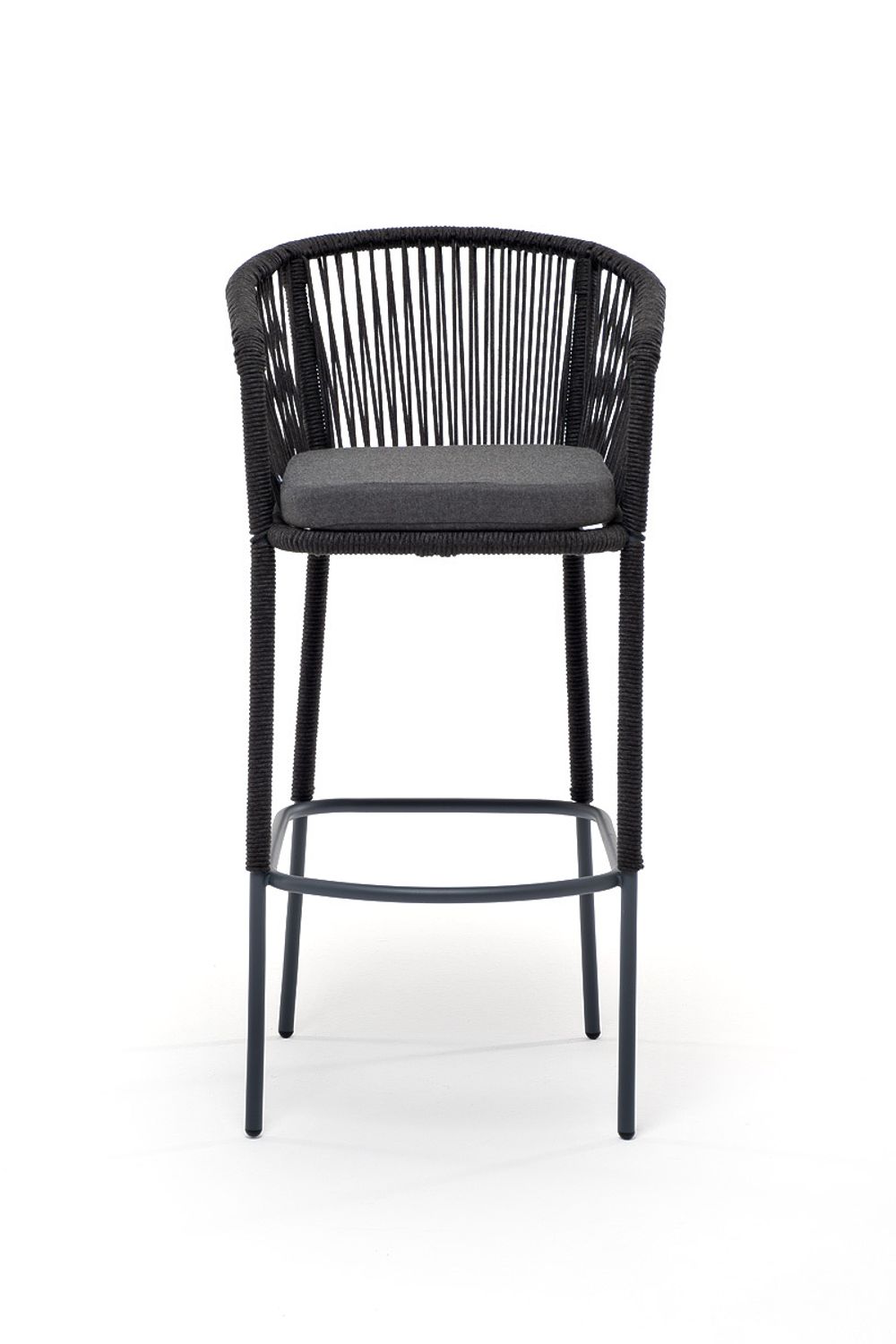 "Марсель" стул барный плетеный из роупа, каркас из стали серый (RAL7022) муар, роуп темно-серый круглый, ткань темно-серая 027