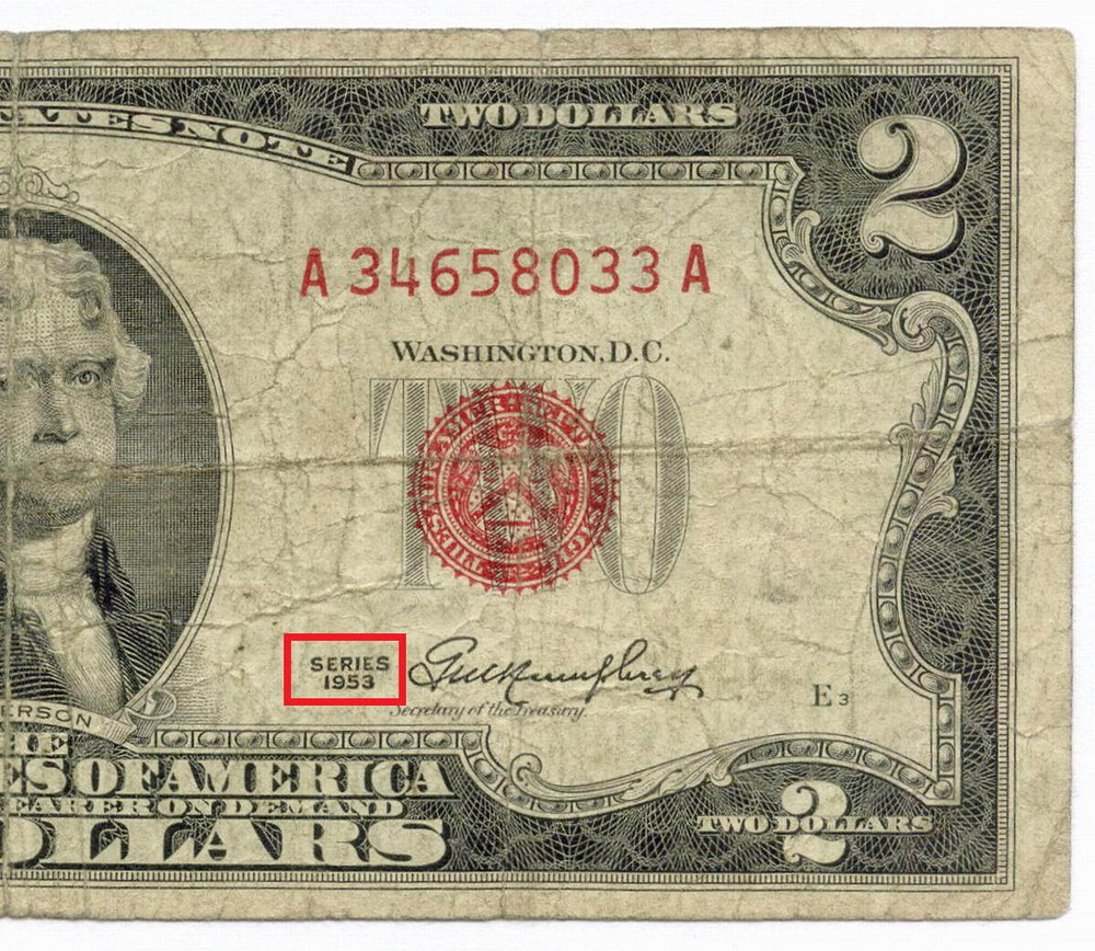 Банкнота США 2 доллара 1953 A 34658033 A. VG-F