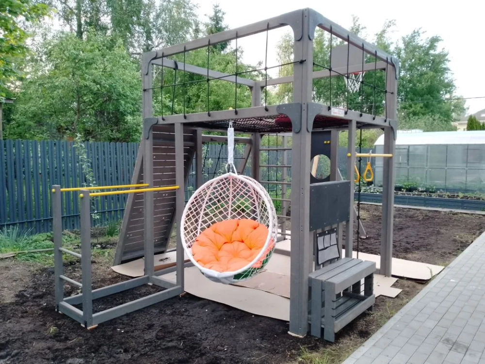 Детская площадка Савушка КУБ-7 (серый) с качелями Лодочка и коконом
