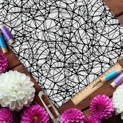 Ткань кулирная гладь мелкая чёрная паутина на белом фоне