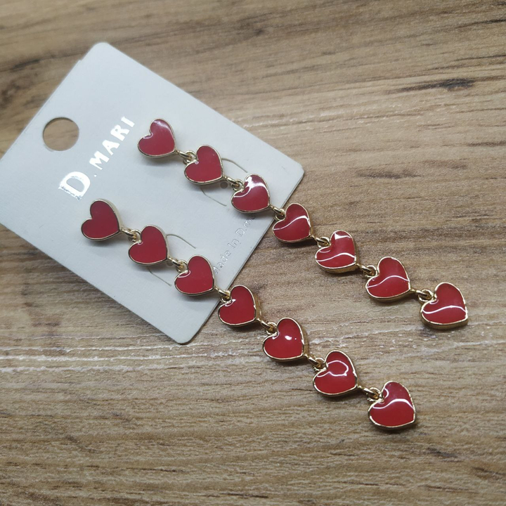 Серьги-гвоздики Сердце 7 звеньев эмаль красная металл золотистый