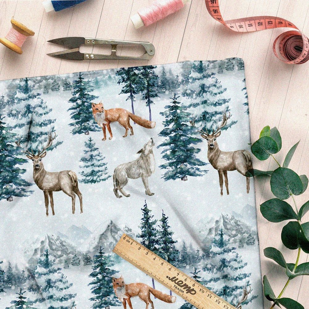 Ткань бязь животные в заснеженном лесу