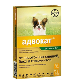 Капли на холку против блох, клещей и круглых гельминтов Elanco Адвокат для собак до 4кг, 3пипетка