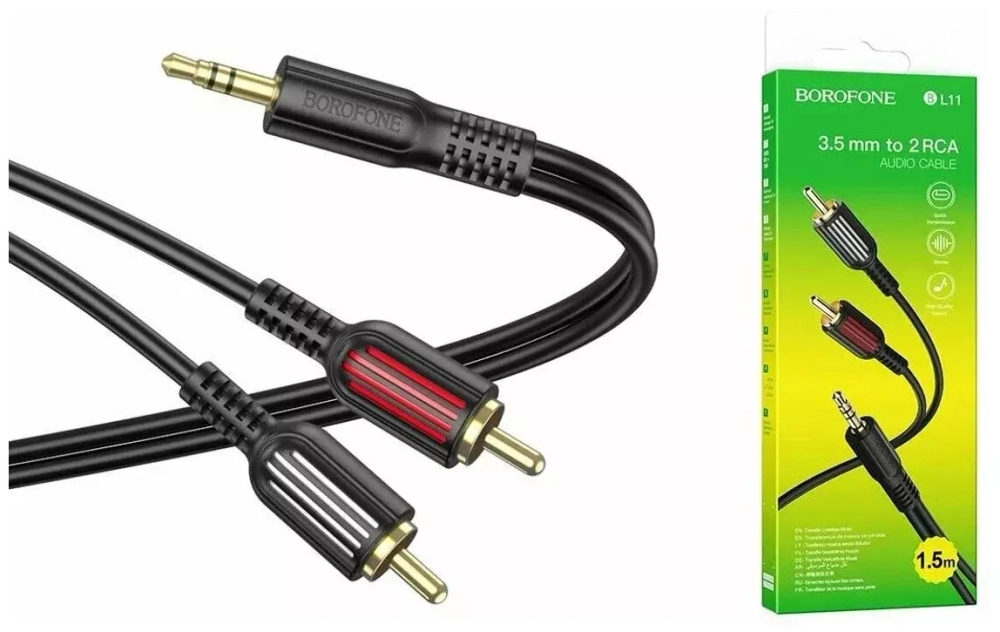 Шнур 3.5-2RCA 1.5-метр BOROFONE BL11 / AUX jack 3.5мм - тюльпаны