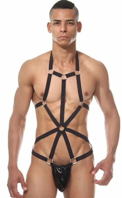 Брутальное мужское боди с металлическими колечками (Размер: S-M) (Цвет: черный)