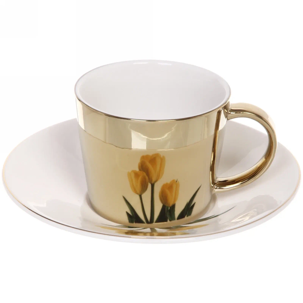 Чайная пара (зеркальная кружка 230мл+блюдце) анаморфный дизайн «Тюльпаны желтые»