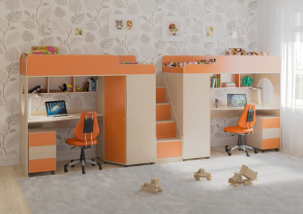 Двухъярусная кровать КарИВи Легенда 4.5 80х190  Дуб Молочный Оранжевый