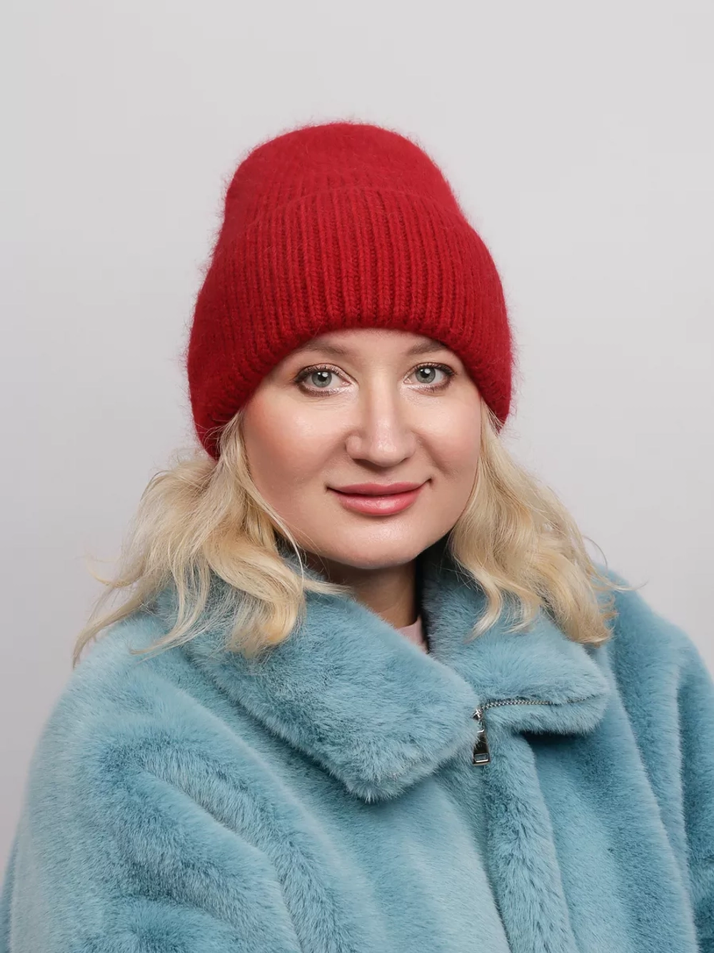 шапка вязаная бини ангора теплая демисезонная с отворотом