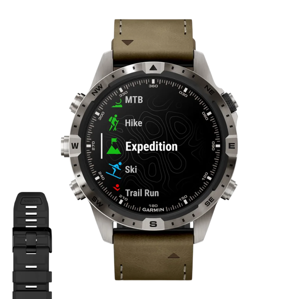 Спортивные часы Garmin MARQ Adventurer (Gen 2), гибридный ремешок, чёрный силиконовый ремешок Безель и корпус из титана, AMOLED-дисплей с куполообразным сапфировым стеклом. Ремешок из кожи и фторэластомера и силиконовый ремешок с классическими застёжками