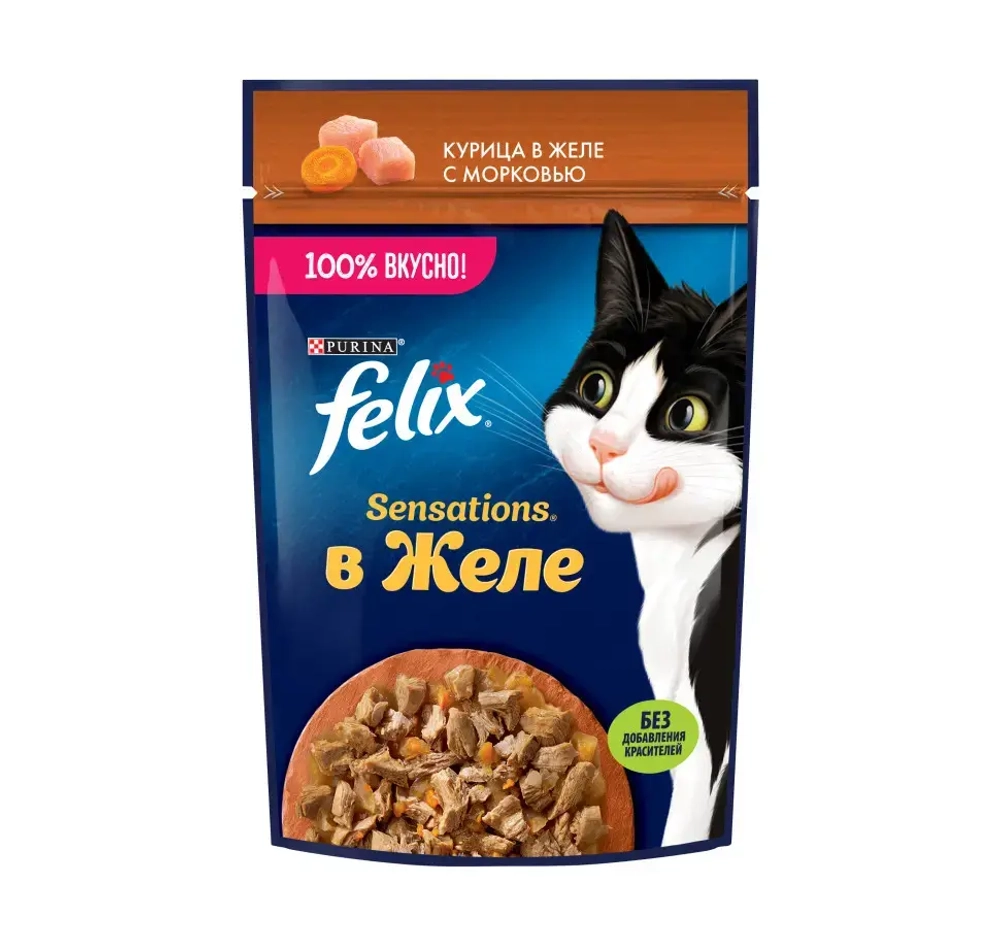 Felix sensations влажный корм для кошек, с курицей в желе с морковью пауч 75 г