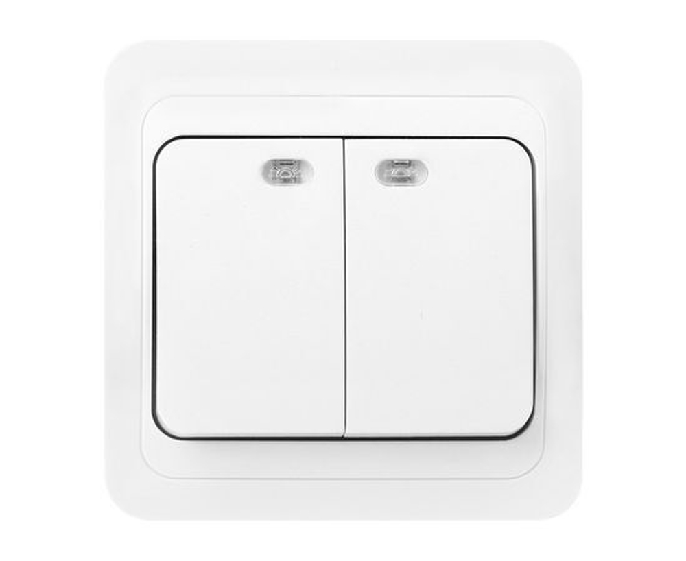 Выключатель Smartbuy 2-клавишный с индикатором 10А, керамика "Марс" (SBE-02w-10-SW2-1-c), белый